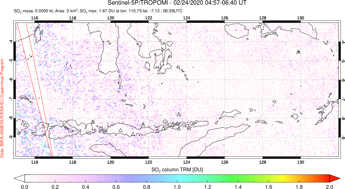 A sulfur dioxide image over Lesser Sunda Islands, Indonesia on Feb 24, 2020.