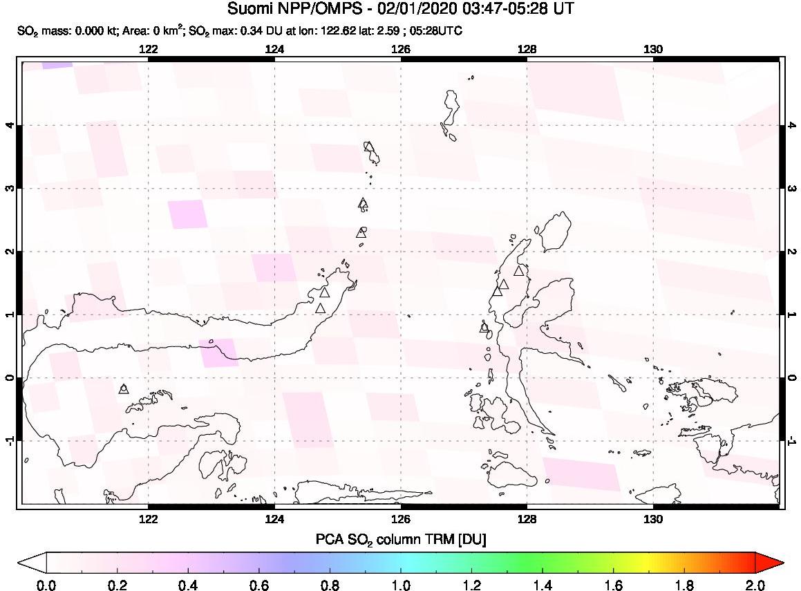 A sulfur dioxide image over Northern Sulawesi & Halmahera, Indonesia on Feb 01, 2020.