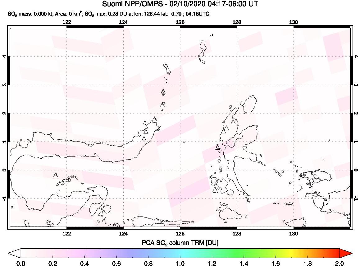 A sulfur dioxide image over Northern Sulawesi & Halmahera, Indonesia on Feb 10, 2020.