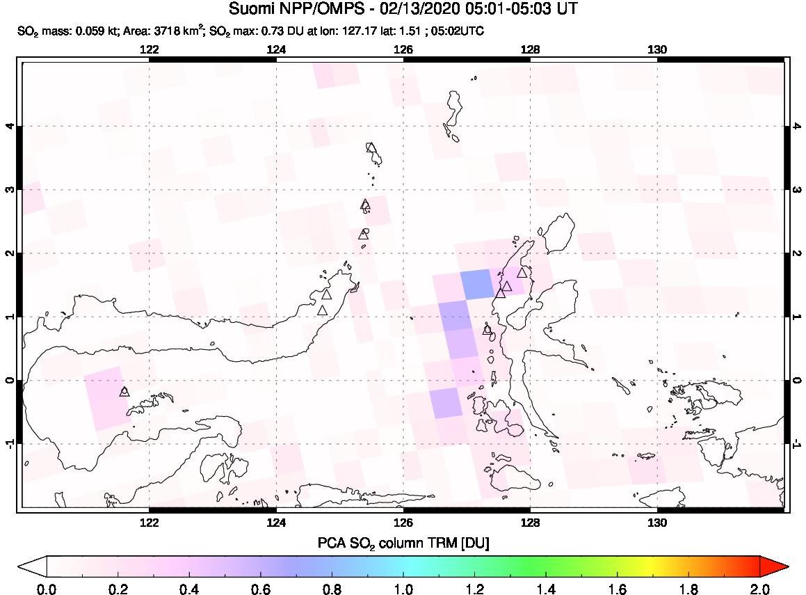 A sulfur dioxide image over Northern Sulawesi & Halmahera, Indonesia on Feb 13, 2020.