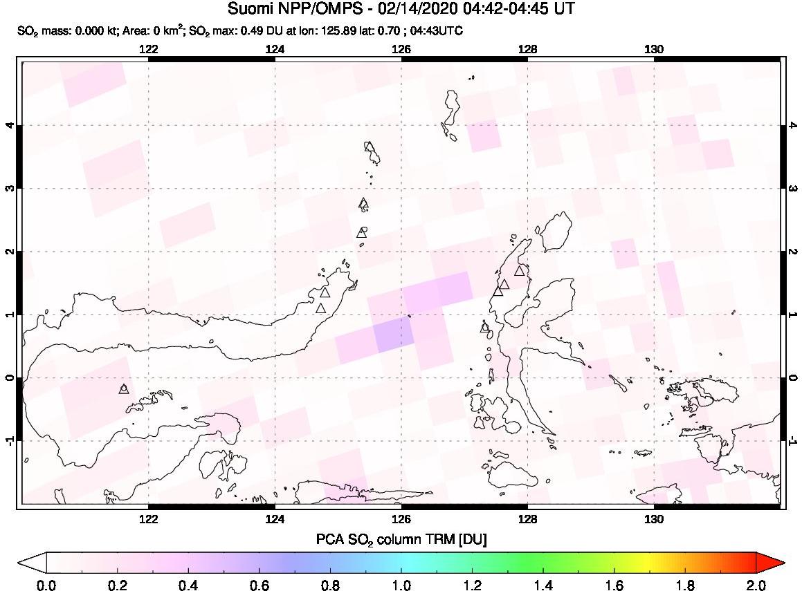 A sulfur dioxide image over Northern Sulawesi & Halmahera, Indonesia on Feb 14, 2020.