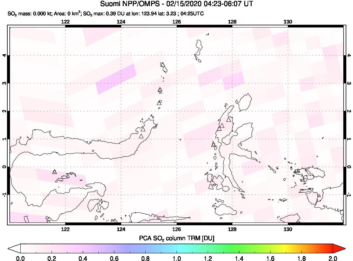 A sulfur dioxide image over Northern Sulawesi & Halmahera, Indonesia on Feb 15, 2020.