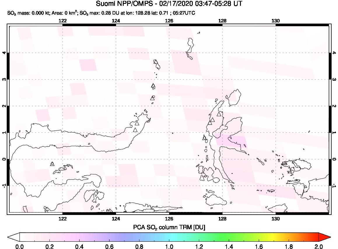 A sulfur dioxide image over Northern Sulawesi & Halmahera, Indonesia on Feb 17, 2020.