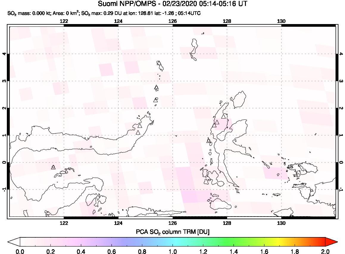 A sulfur dioxide image over Northern Sulawesi & Halmahera, Indonesia on Feb 23, 2020.
