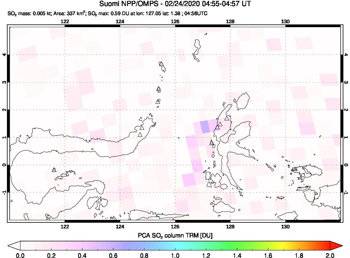 A sulfur dioxide image over Northern Sulawesi & Halmahera, Indonesia on Feb 24, 2020.