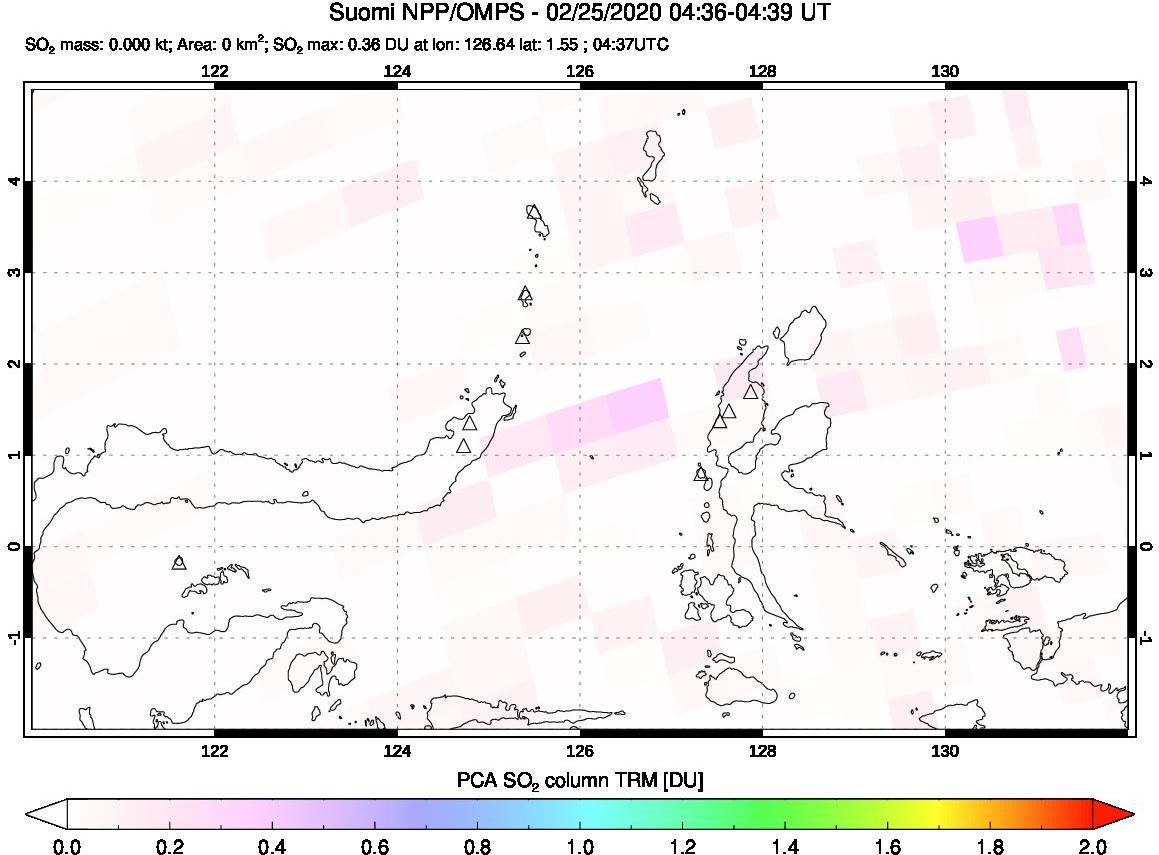 A sulfur dioxide image over Northern Sulawesi & Halmahera, Indonesia on Feb 25, 2020.