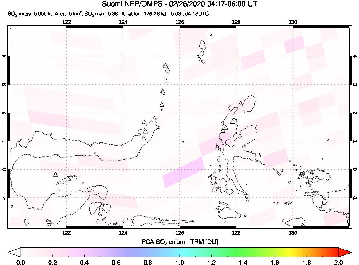 A sulfur dioxide image over Northern Sulawesi & Halmahera, Indonesia on Feb 26, 2020.