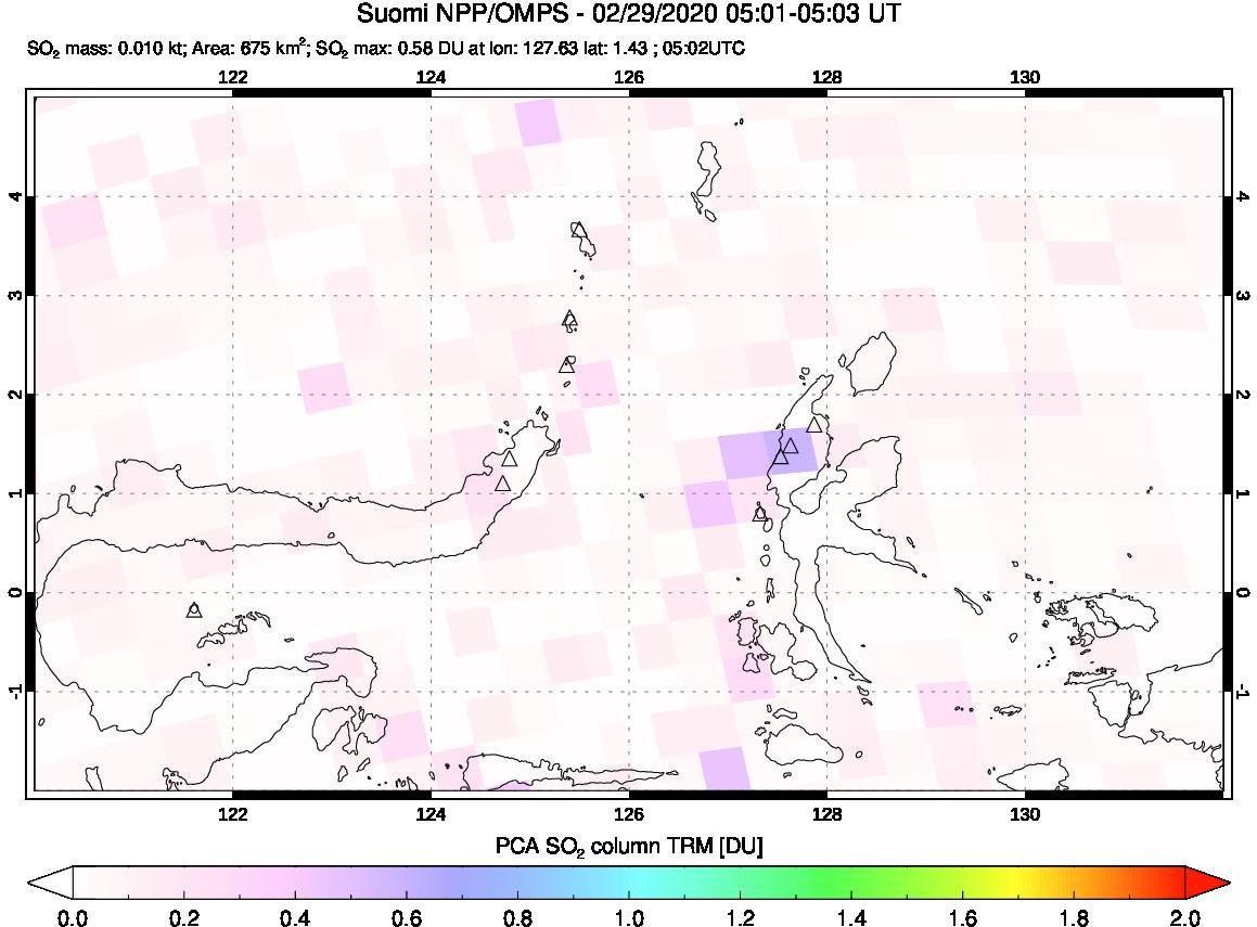 A sulfur dioxide image over Northern Sulawesi & Halmahera, Indonesia on Feb 29, 2020.
