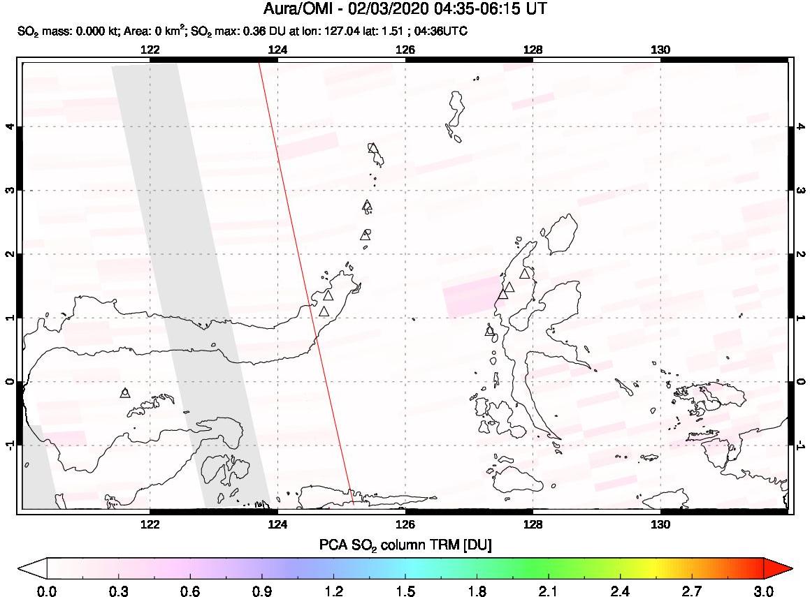 A sulfur dioxide image over Northern Sulawesi & Halmahera, Indonesia on Feb 03, 2020.