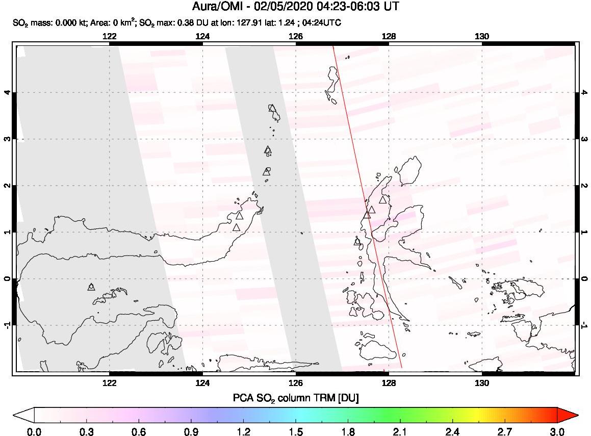 A sulfur dioxide image over Northern Sulawesi & Halmahera, Indonesia on Feb 05, 2020.