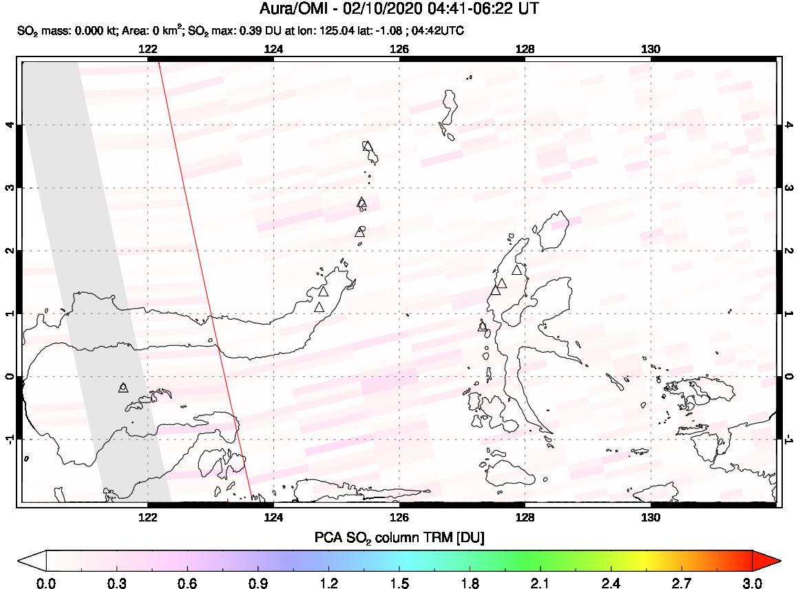 A sulfur dioxide image over Northern Sulawesi & Halmahera, Indonesia on Feb 10, 2020.