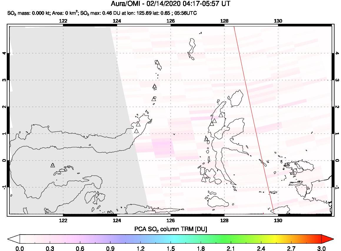 A sulfur dioxide image over Northern Sulawesi & Halmahera, Indonesia on Feb 14, 2020.