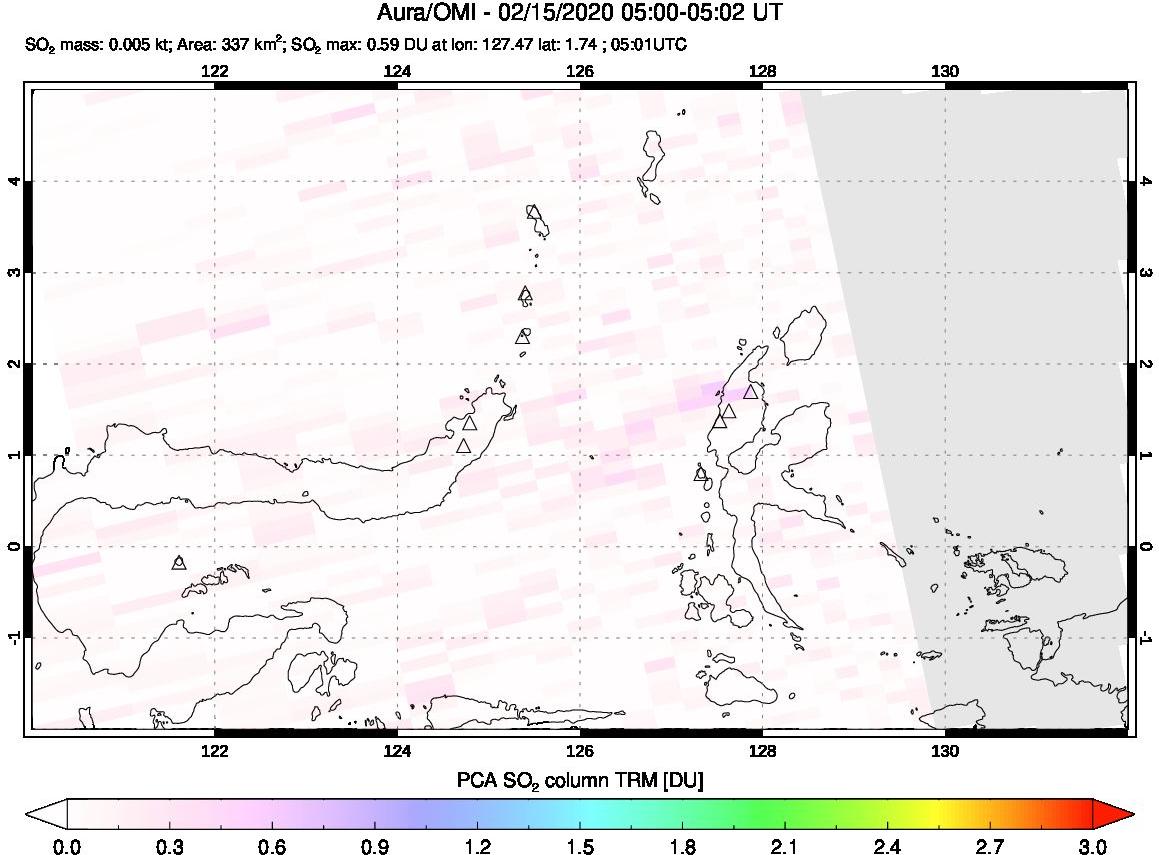 A sulfur dioxide image over Northern Sulawesi & Halmahera, Indonesia on Feb 15, 2020.