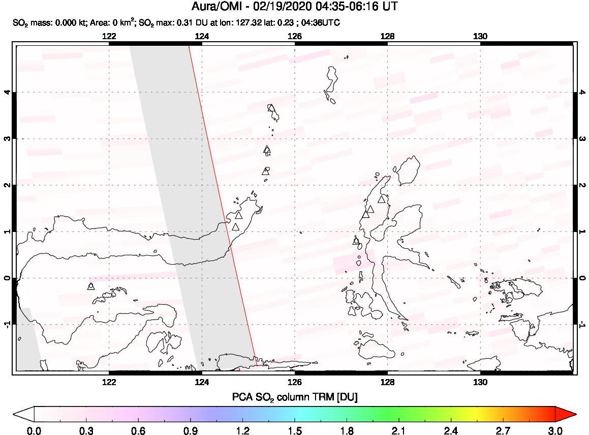 A sulfur dioxide image over Northern Sulawesi & Halmahera, Indonesia on Feb 19, 2020.