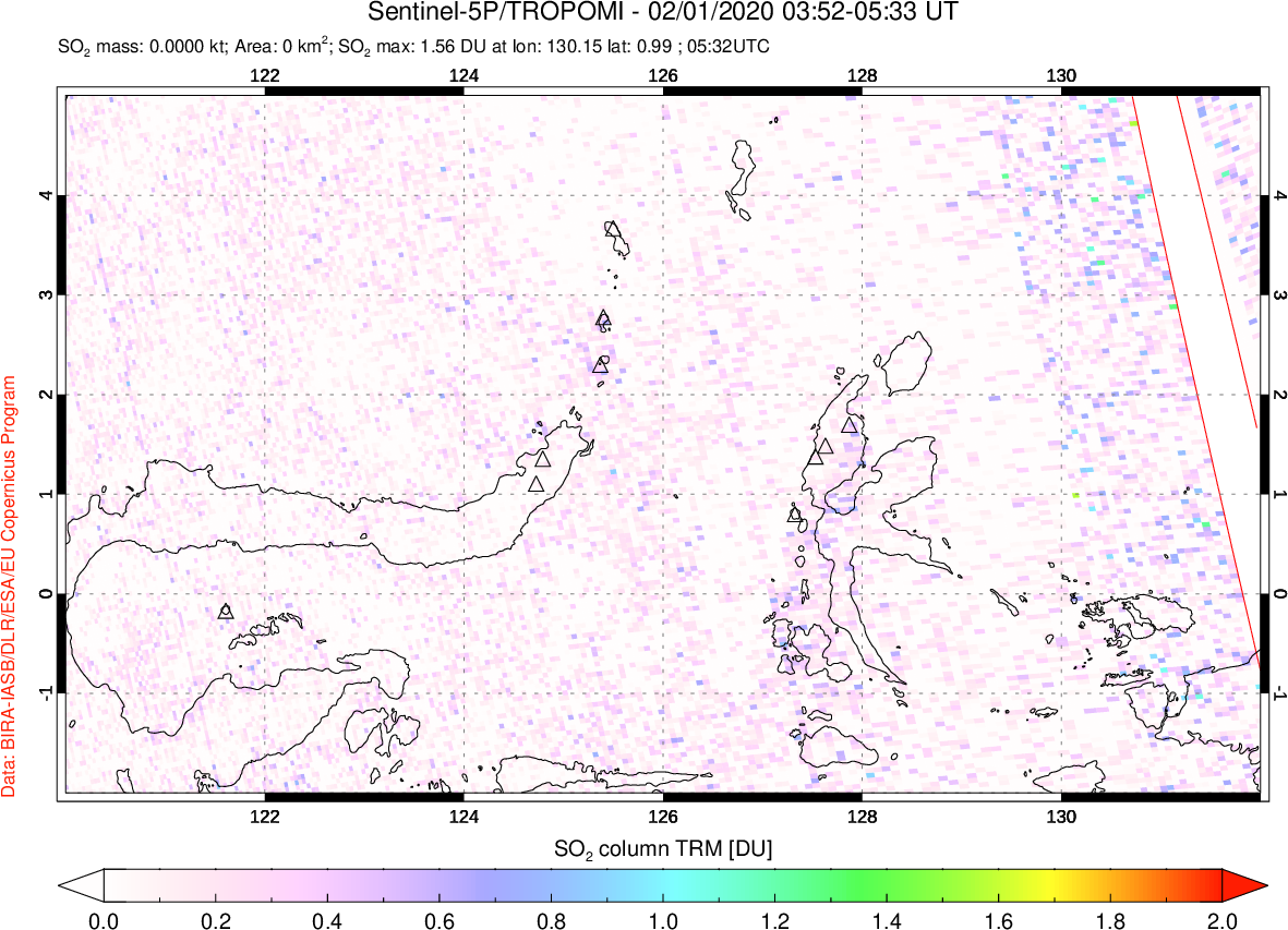 A sulfur dioxide image over Northern Sulawesi & Halmahera, Indonesia on Feb 01, 2020.