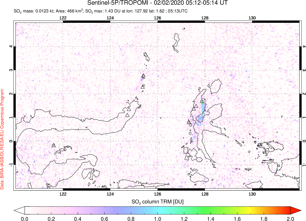 A sulfur dioxide image over Northern Sulawesi & Halmahera, Indonesia on Feb 02, 2020.