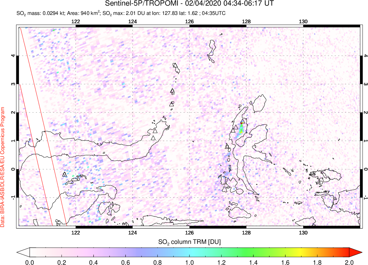 A sulfur dioxide image over Northern Sulawesi & Halmahera, Indonesia on Feb 04, 2020.