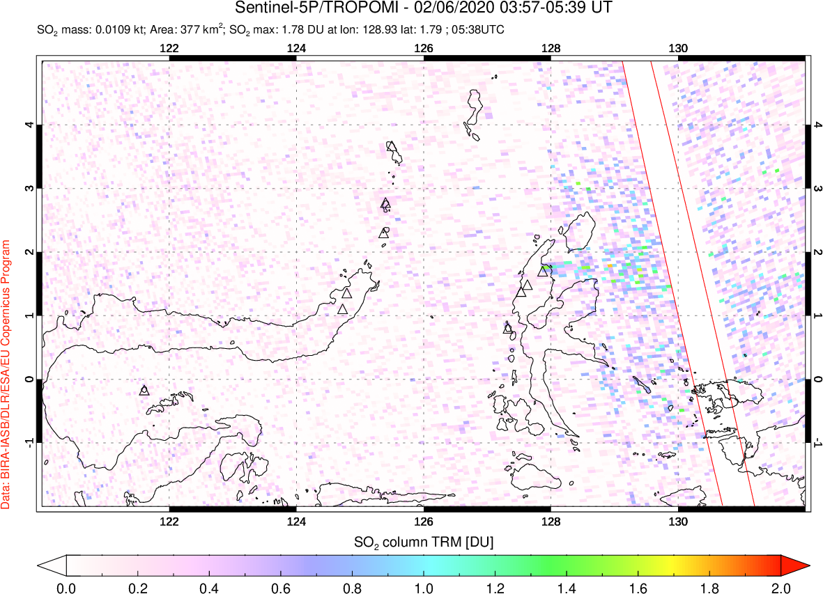 A sulfur dioxide image over Northern Sulawesi & Halmahera, Indonesia on Feb 06, 2020.