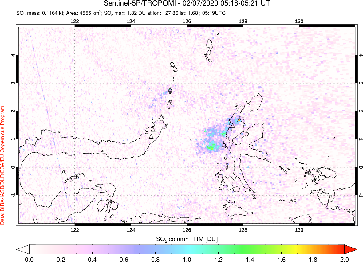 A sulfur dioxide image over Northern Sulawesi & Halmahera, Indonesia on Feb 07, 2020.