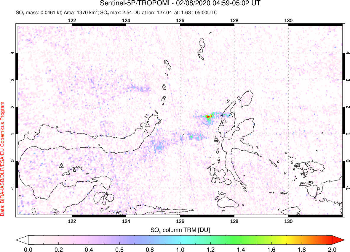 A sulfur dioxide image over Northern Sulawesi & Halmahera, Indonesia on Feb 08, 2020.