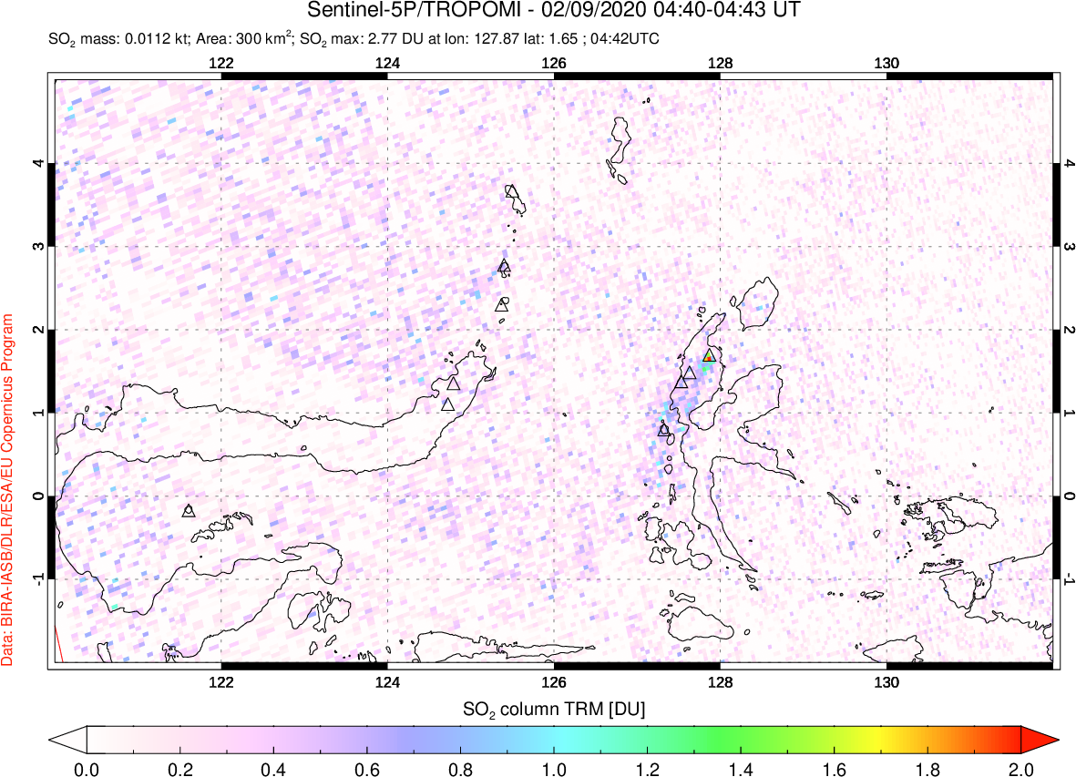 A sulfur dioxide image over Northern Sulawesi & Halmahera, Indonesia on Feb 09, 2020.