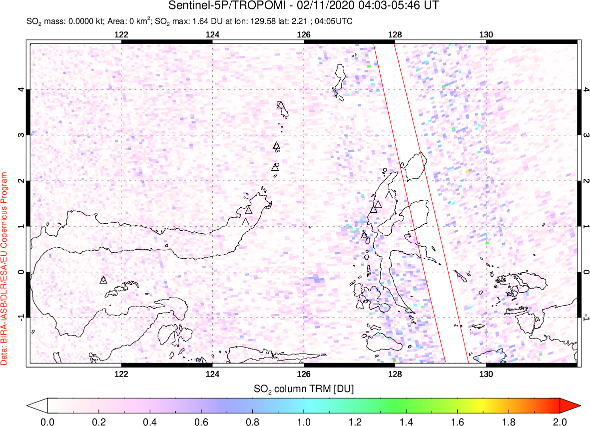A sulfur dioxide image over Northern Sulawesi & Halmahera, Indonesia on Feb 11, 2020.