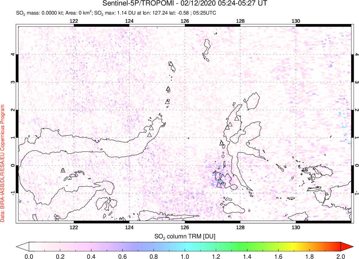 A sulfur dioxide image over Northern Sulawesi & Halmahera, Indonesia on Feb 12, 2020.