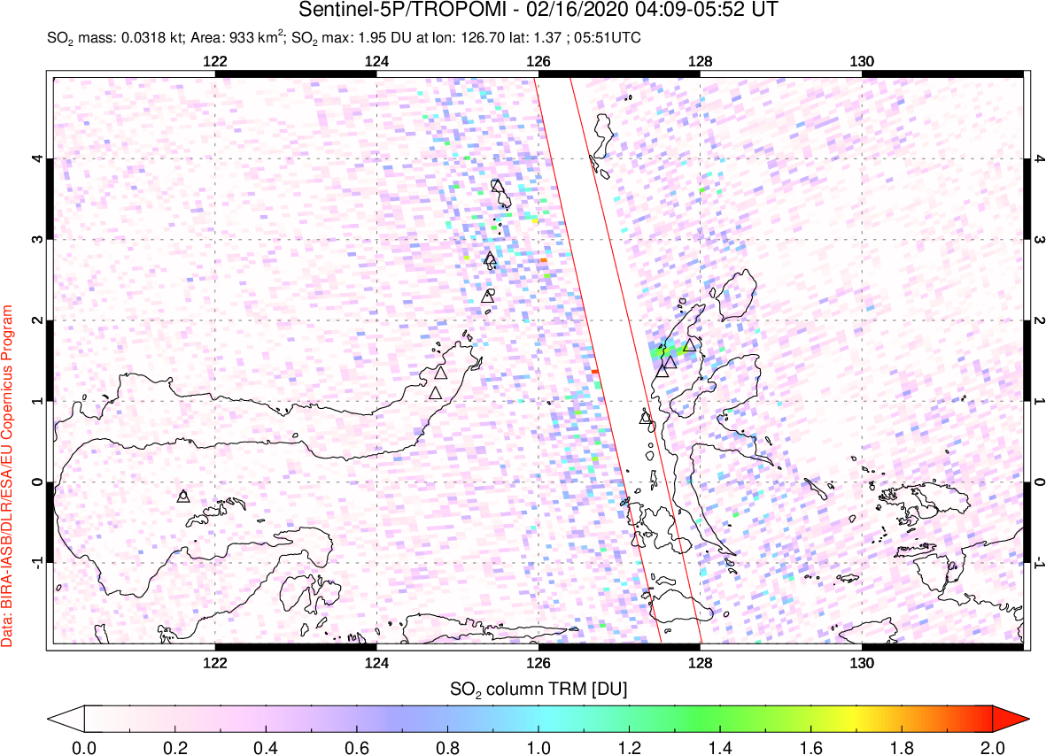 A sulfur dioxide image over Northern Sulawesi & Halmahera, Indonesia on Feb 16, 2020.