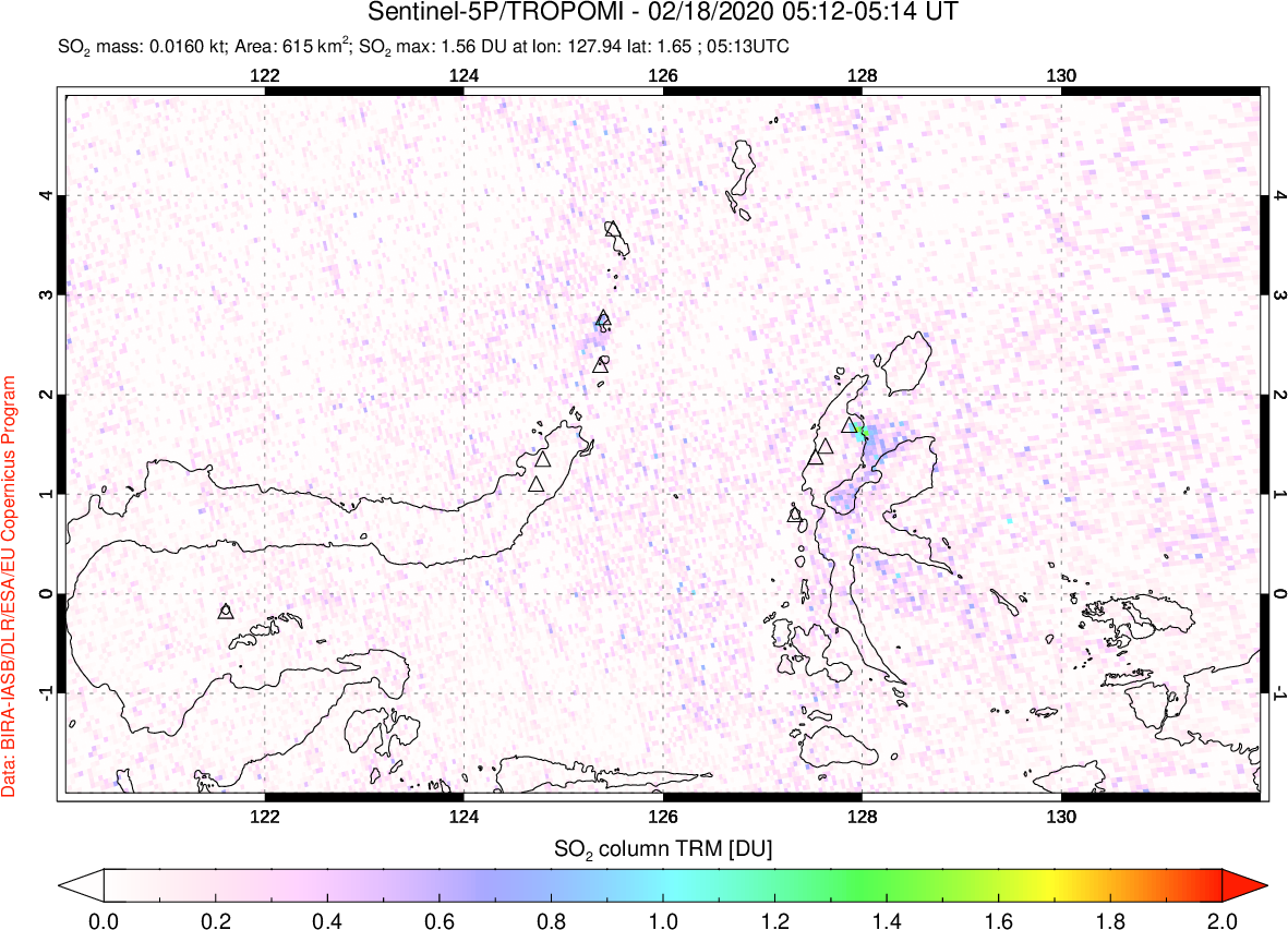 A sulfur dioxide image over Northern Sulawesi & Halmahera, Indonesia on Feb 18, 2020.