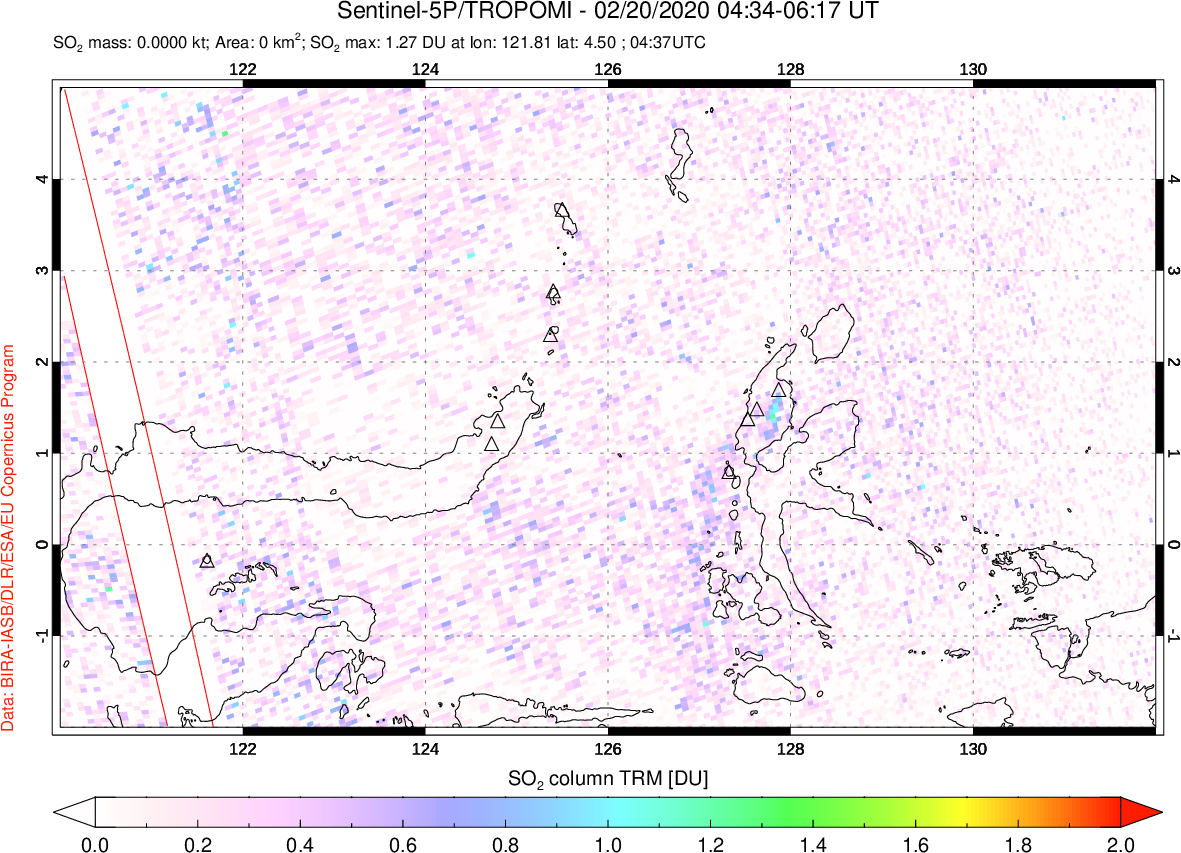 A sulfur dioxide image over Northern Sulawesi & Halmahera, Indonesia on Feb 20, 2020.