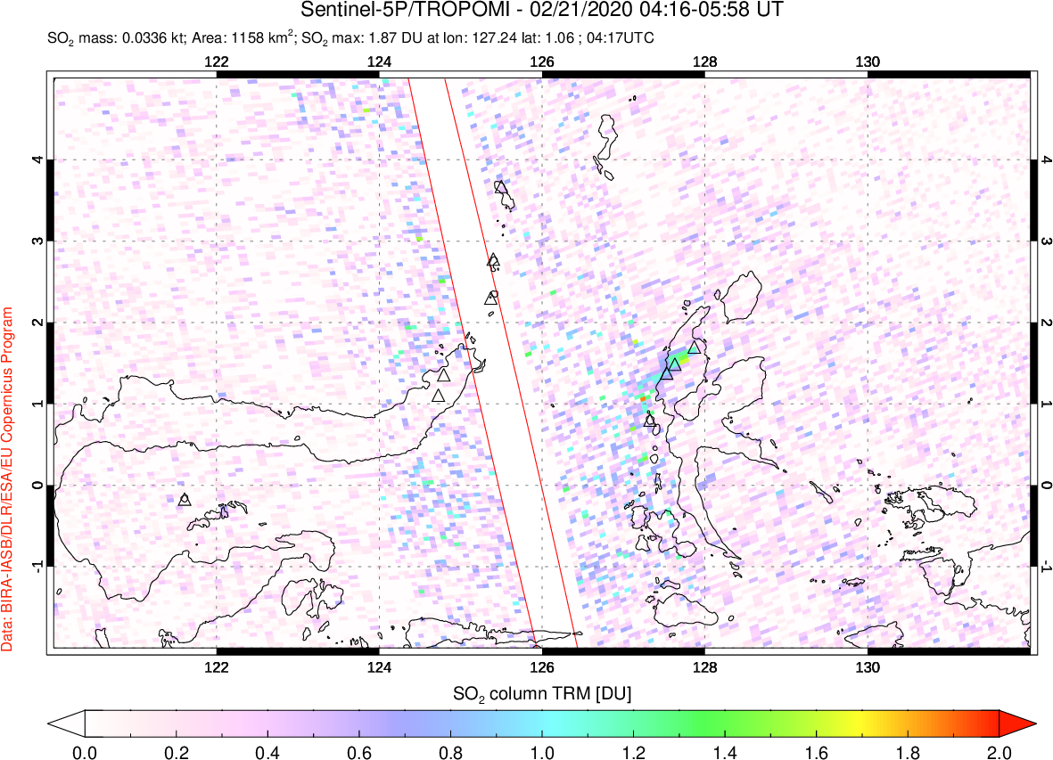 A sulfur dioxide image over Northern Sulawesi & Halmahera, Indonesia on Feb 21, 2020.