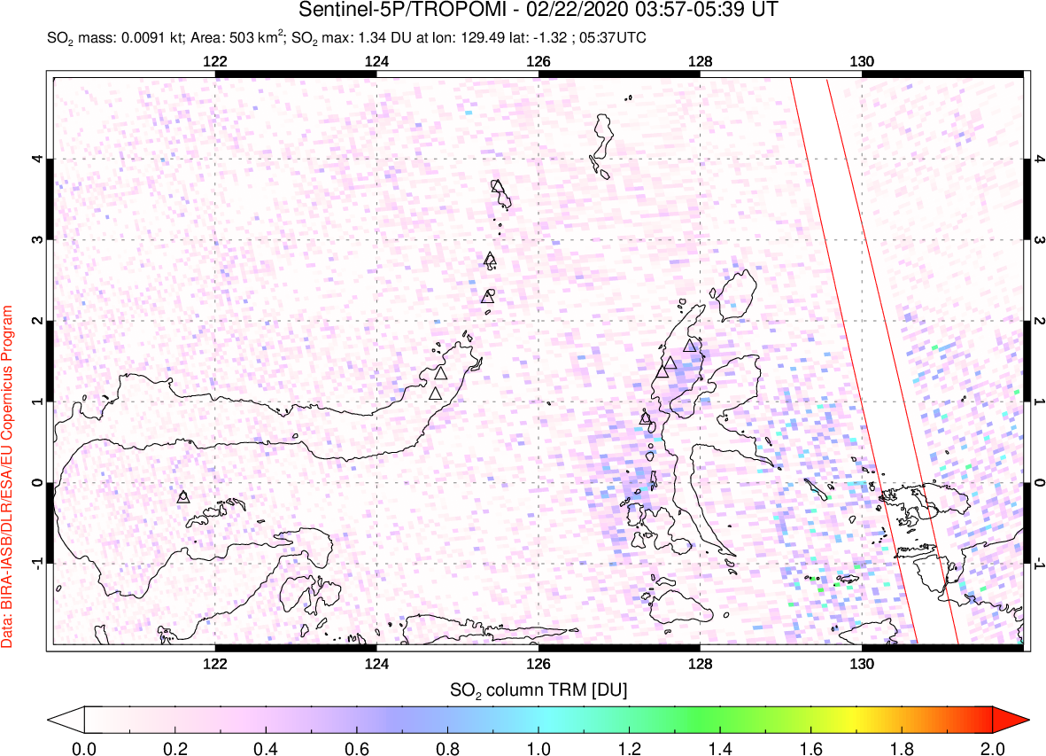 A sulfur dioxide image over Northern Sulawesi & Halmahera, Indonesia on Feb 22, 2020.