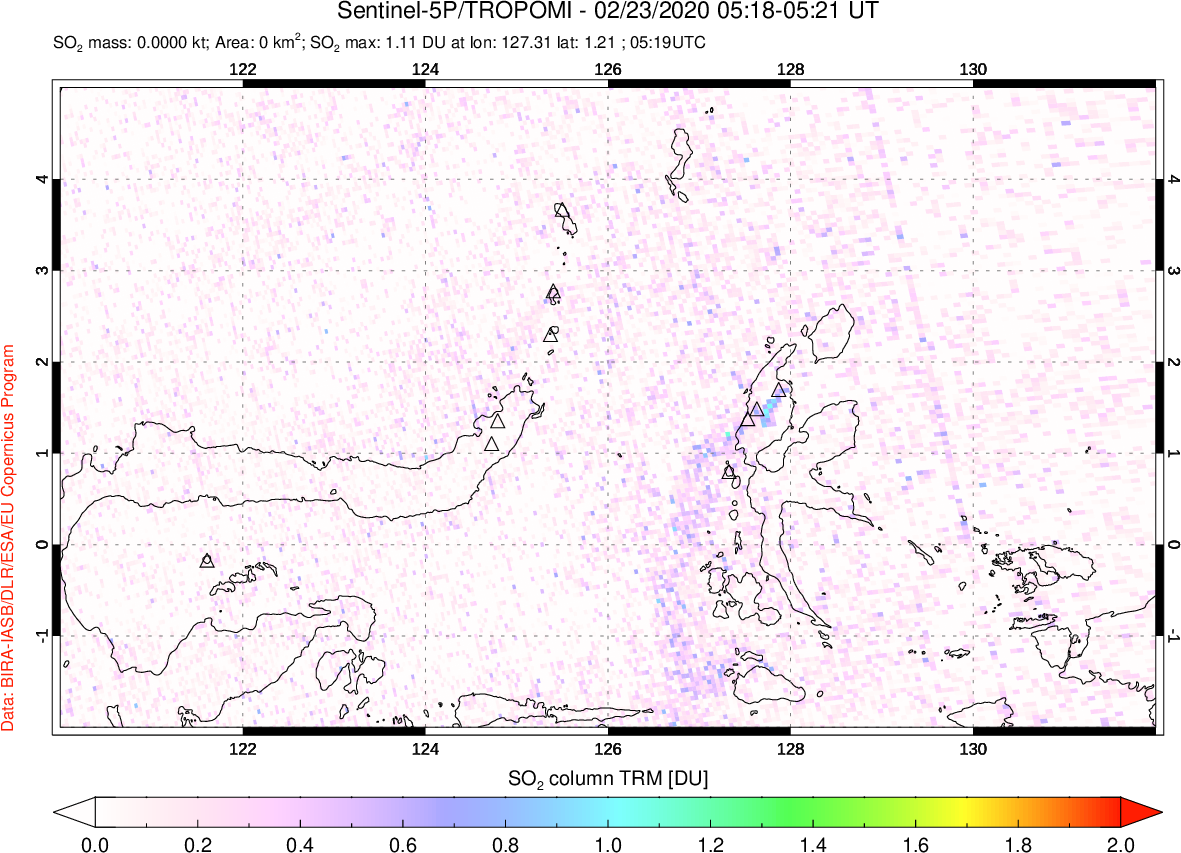 A sulfur dioxide image over Northern Sulawesi & Halmahera, Indonesia on Feb 23, 2020.