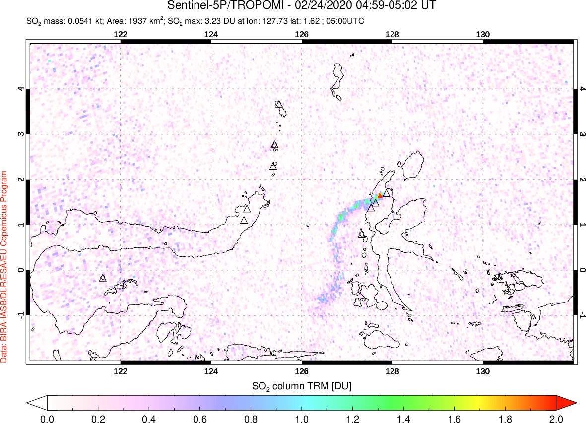 A sulfur dioxide image over Northern Sulawesi & Halmahera, Indonesia on Feb 24, 2020.