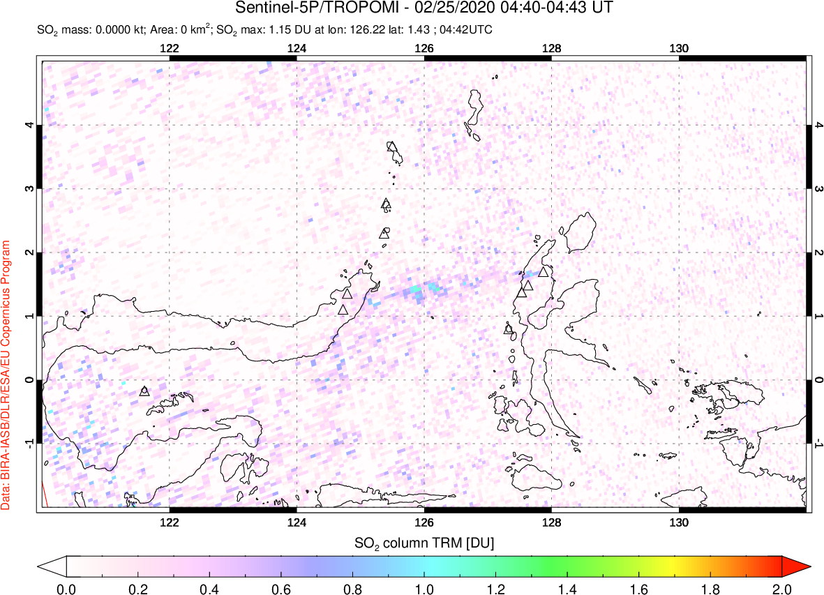 A sulfur dioxide image over Northern Sulawesi & Halmahera, Indonesia on Feb 25, 2020.