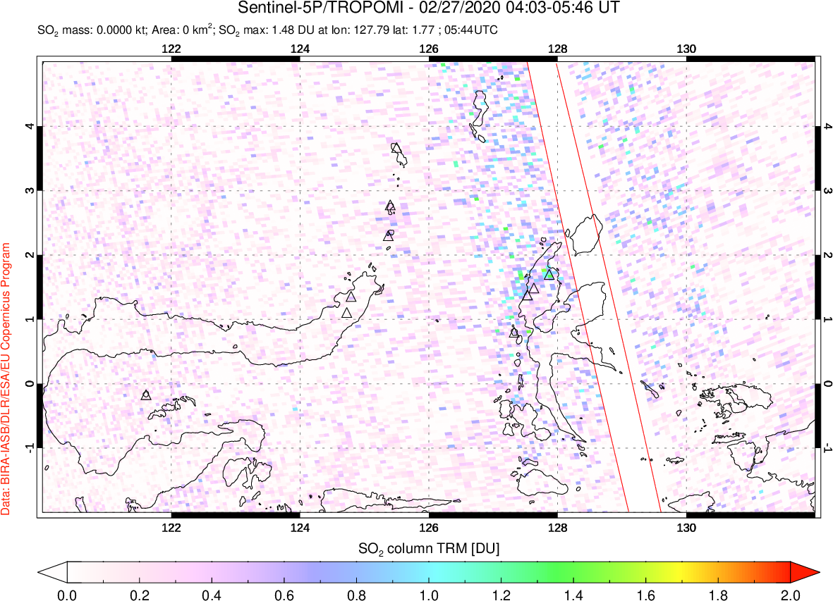 A sulfur dioxide image over Northern Sulawesi & Halmahera, Indonesia on Feb 27, 2020.