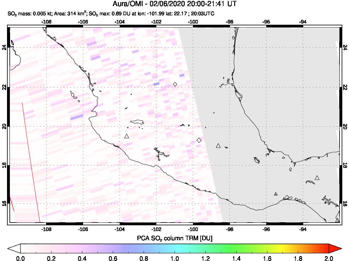 A sulfur dioxide image over Mexico on Feb 06, 2020.