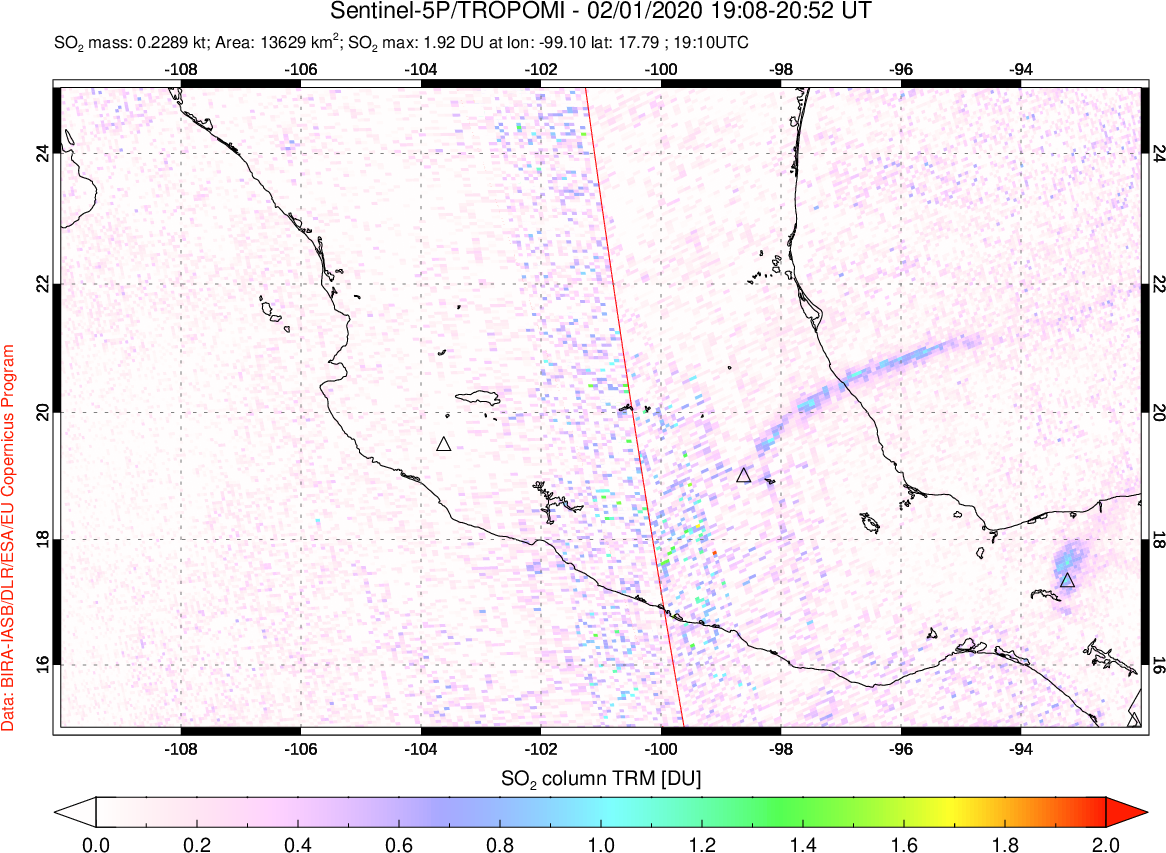 A sulfur dioxide image over Mexico on Feb 01, 2020.