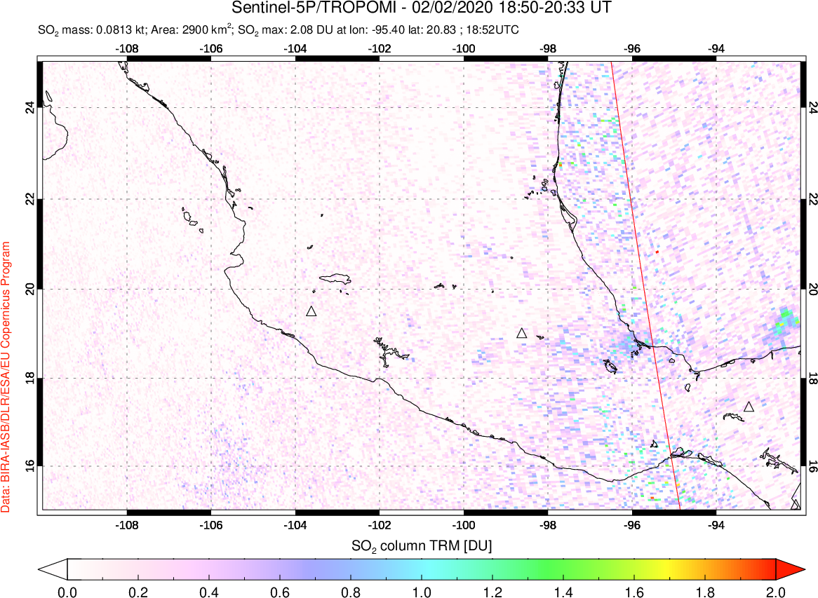 A sulfur dioxide image over Mexico on Feb 02, 2020.