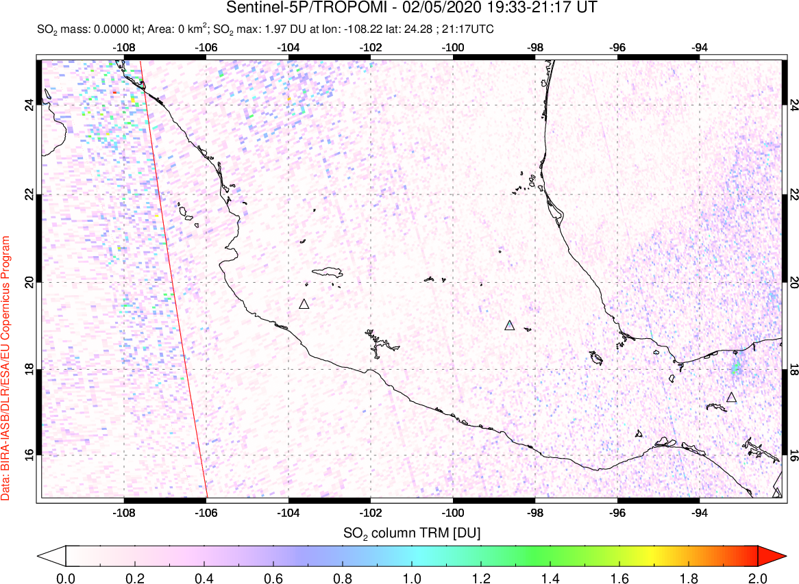 A sulfur dioxide image over Mexico on Feb 05, 2020.