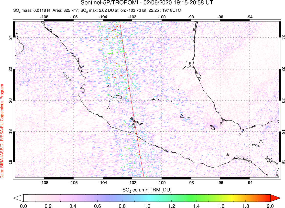 A sulfur dioxide image over Mexico on Feb 06, 2020.