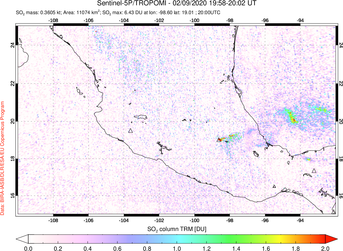 A sulfur dioxide image over Mexico on Feb 09, 2020.