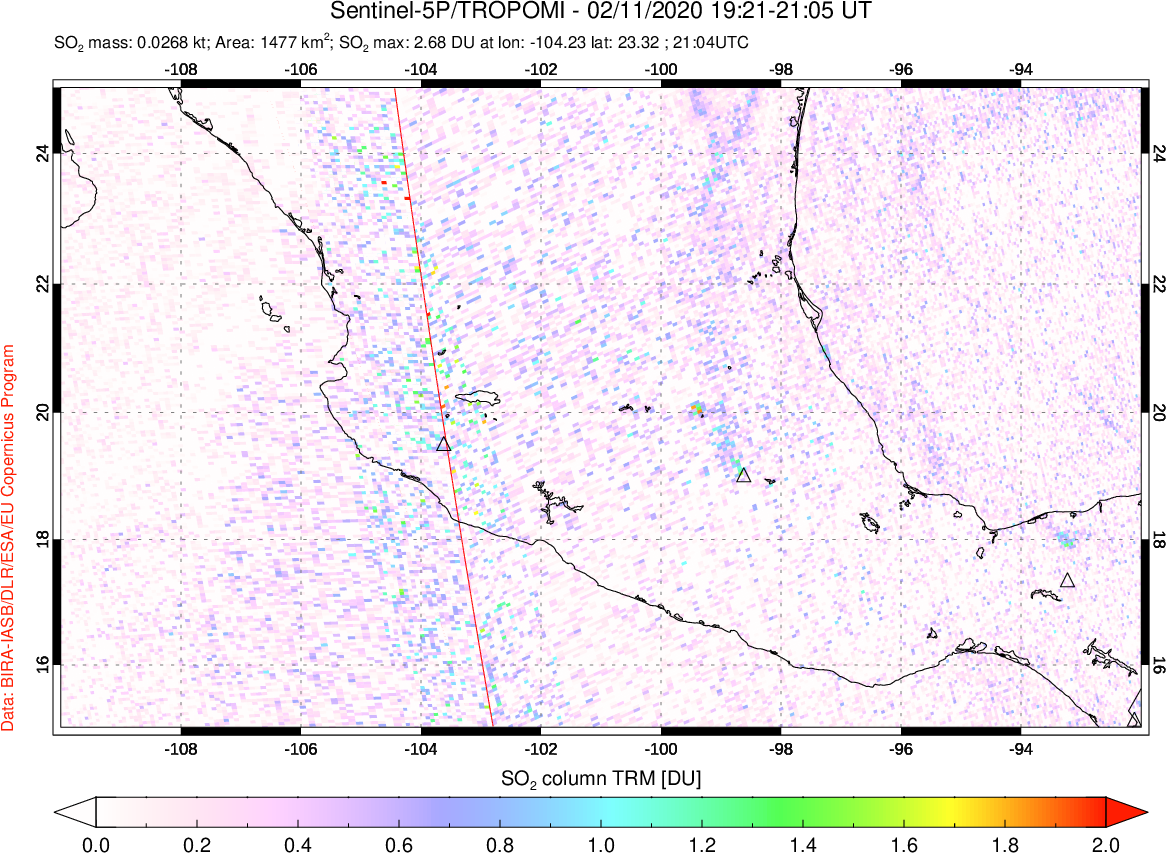 A sulfur dioxide image over Mexico on Feb 11, 2020.