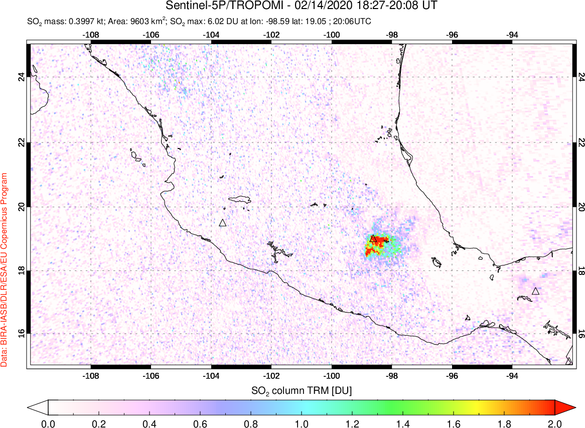 A sulfur dioxide image over Mexico on Feb 14, 2020.