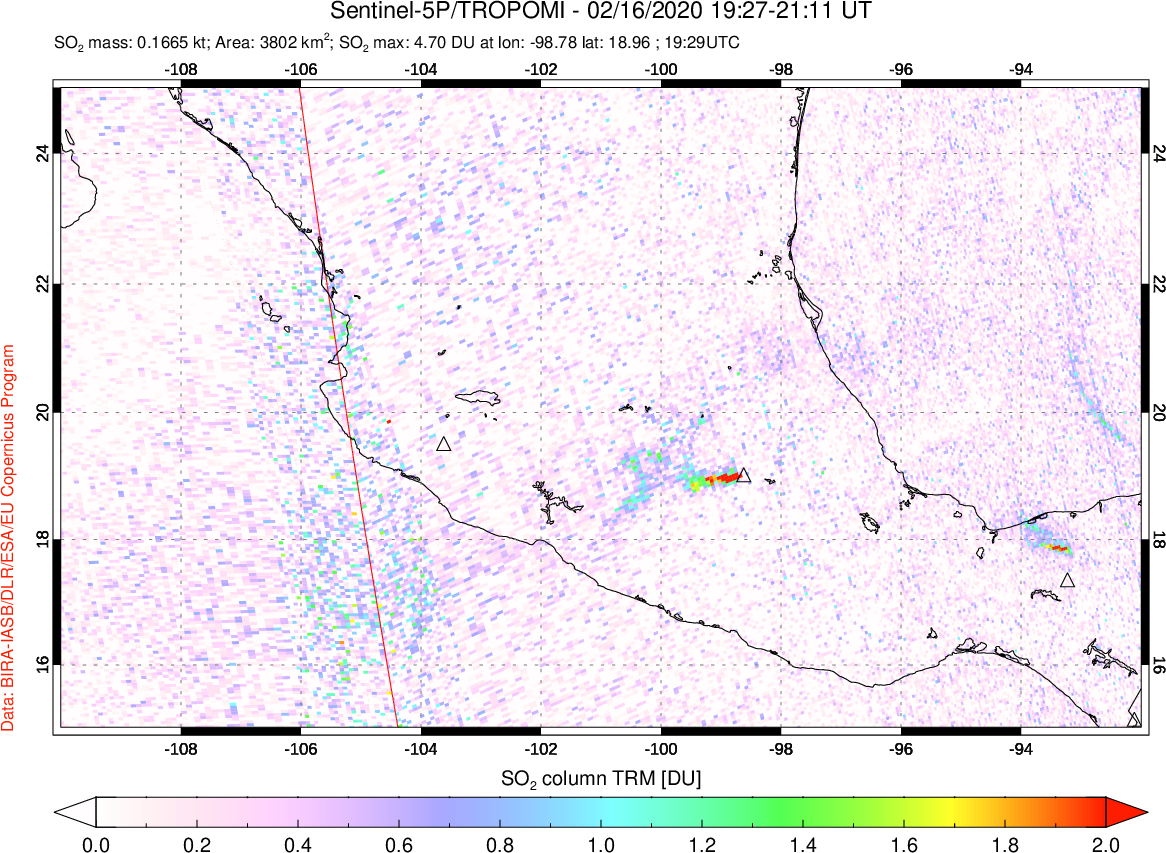 A sulfur dioxide image over Mexico on Feb 16, 2020.