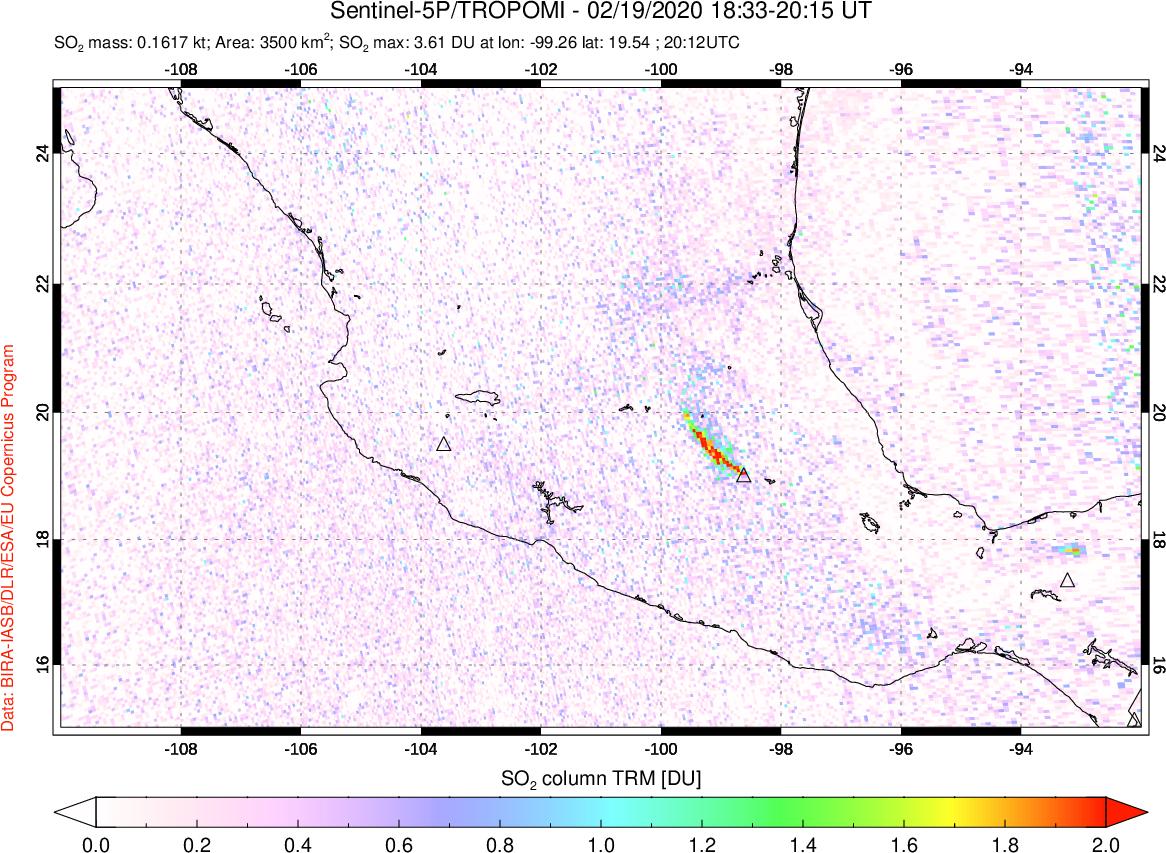 A sulfur dioxide image over Mexico on Feb 19, 2020.