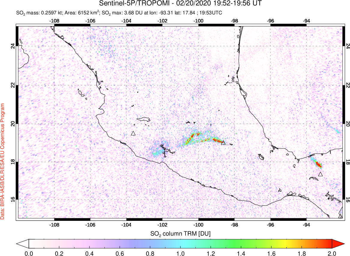 A sulfur dioxide image over Mexico on Feb 20, 2020.