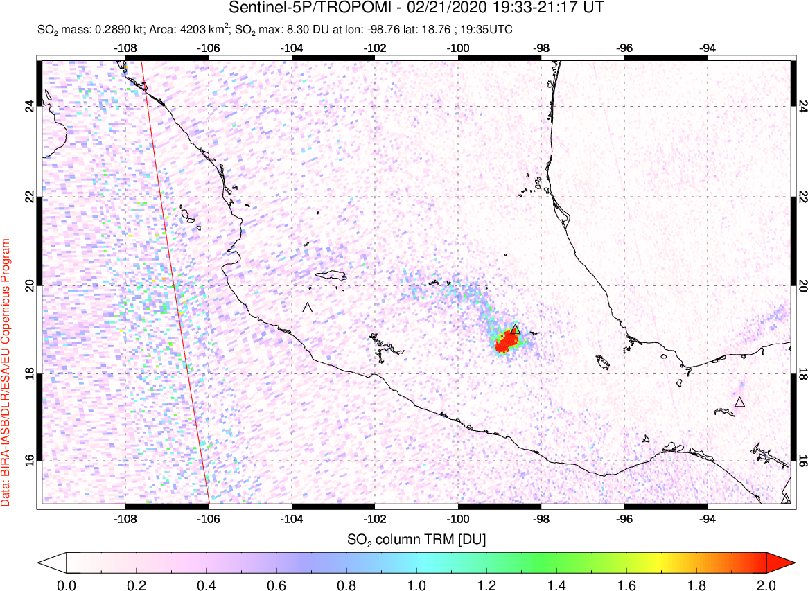 A sulfur dioxide image over Mexico on Feb 21, 2020.