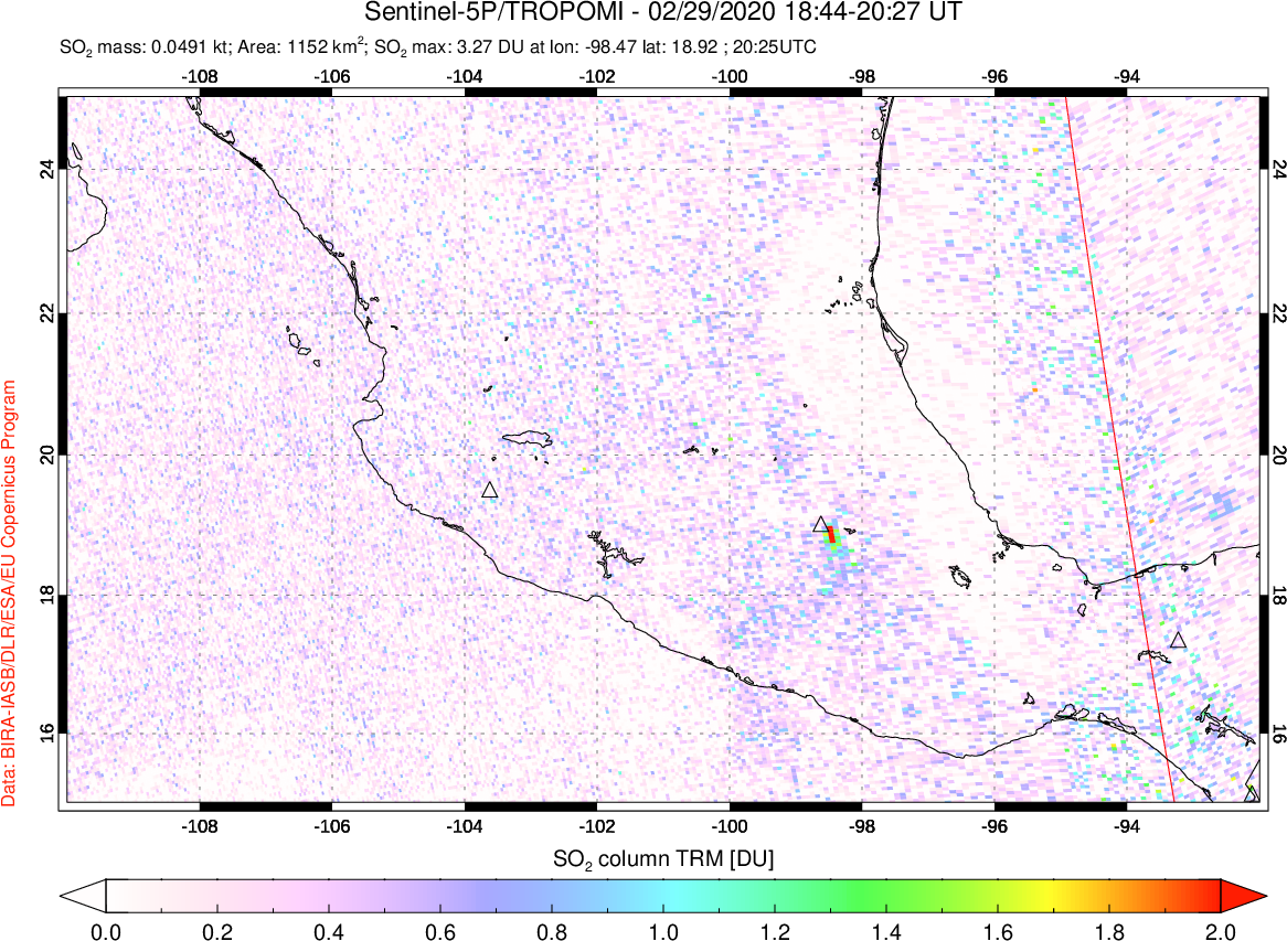 A sulfur dioxide image over Mexico on Feb 29, 2020.