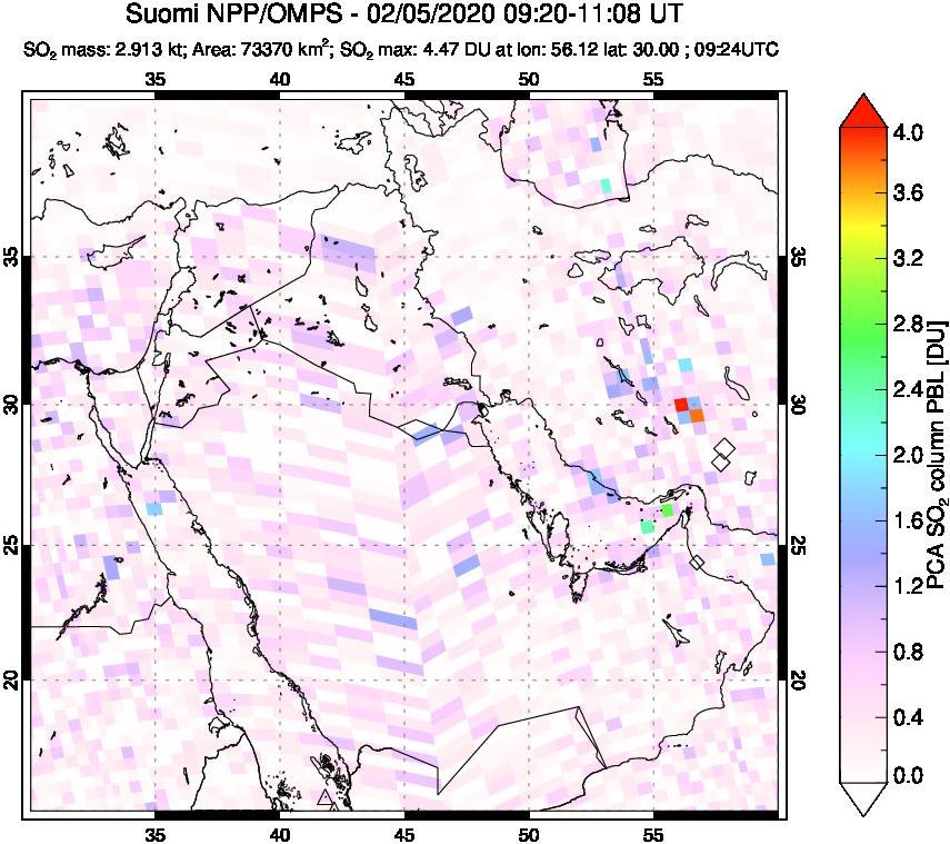 A sulfur dioxide image over Middle East on Feb 05, 2020.
